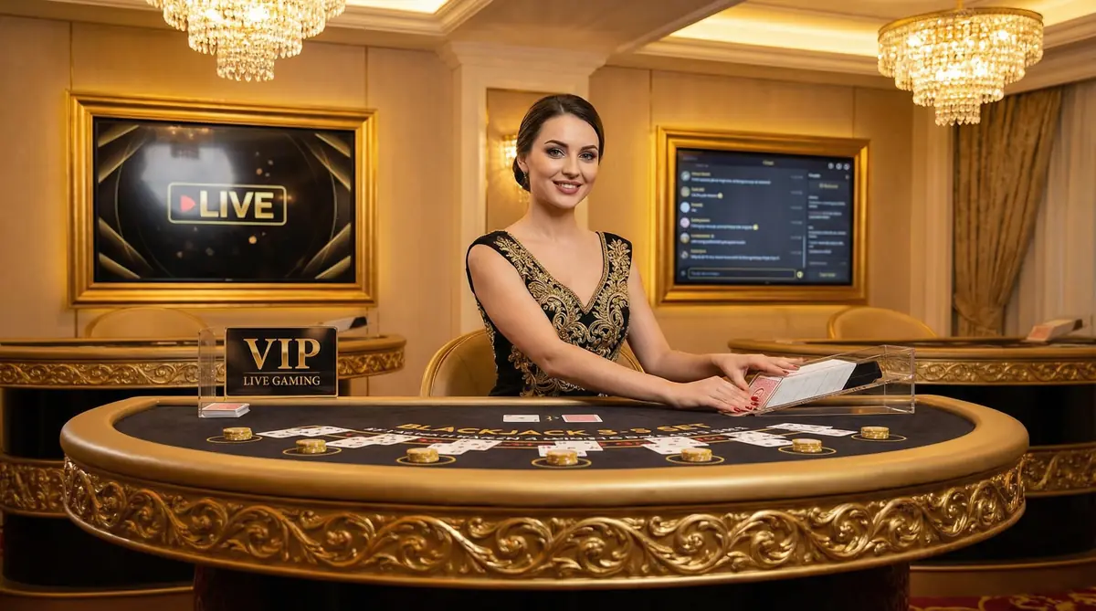 Crupier en vivo en mesa de casino con ambiente dorado