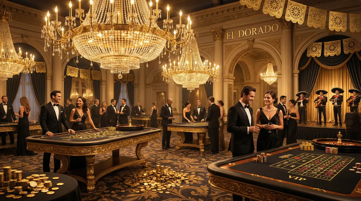 Sala VIP del casino dorado Casino Big Bola con mesas de juego elegantes