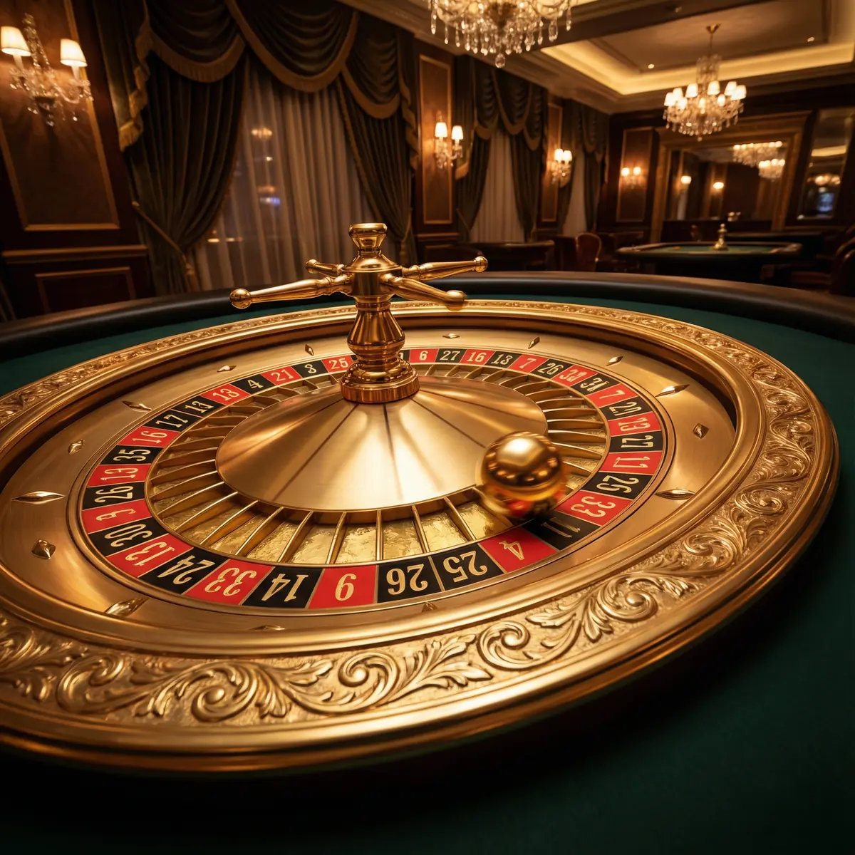 Ruleta dorada europea girando con bola plateada